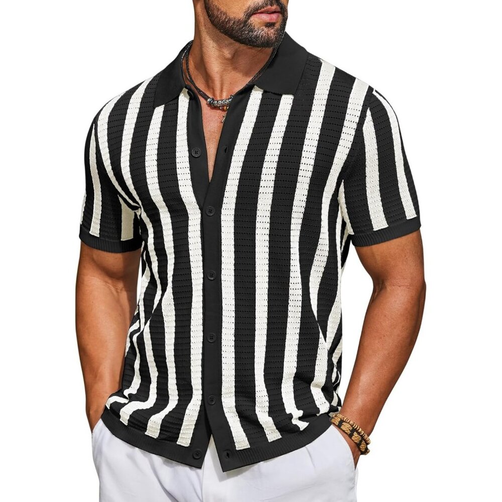 Men's Black Knit Shirts Short Sleeve Button Shirts Striped Casual Summer